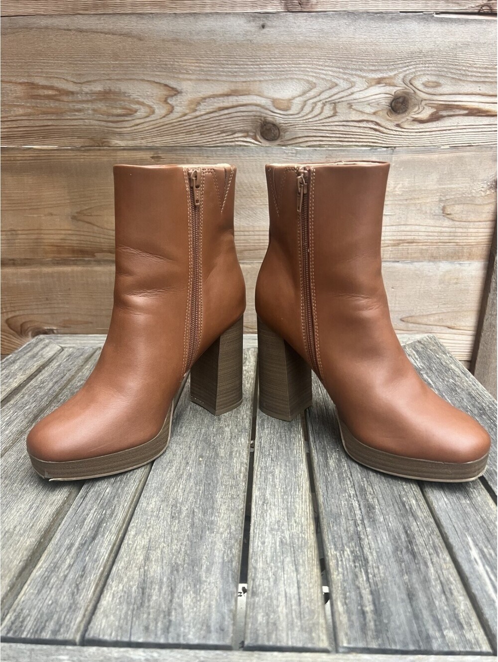 LC Lauren Conrad Womens 7 Cognac Ankle Boots Block Heel Side Zip Memory Foam
